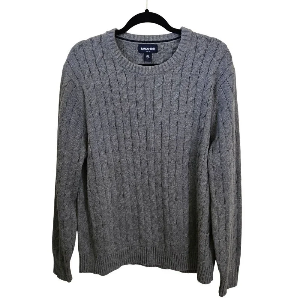 Lands' End Drifter Sweater Gray CableKnit 100% Cotton All Season Classic Size XL